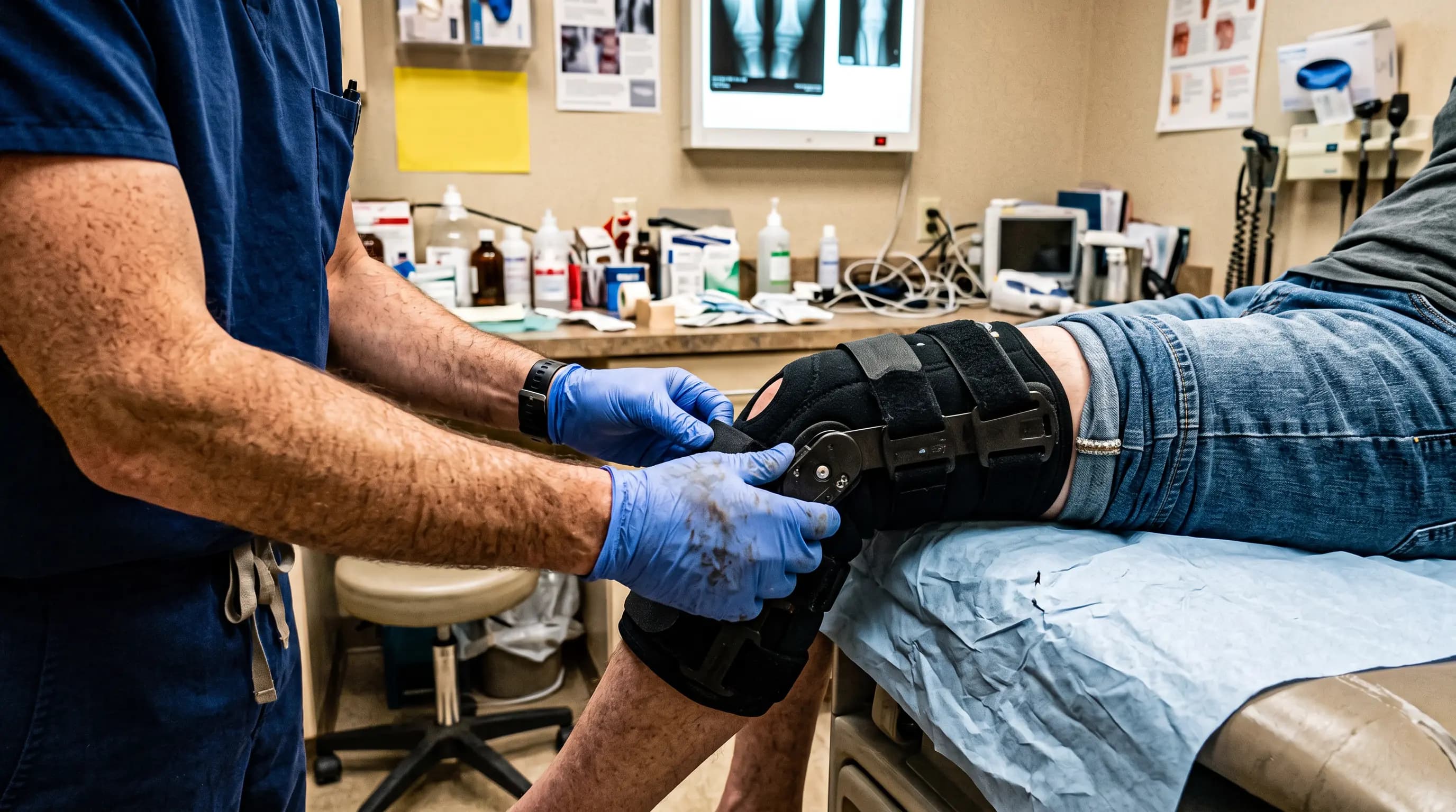 Orthopedist fitting a hinged knee brace on a patient