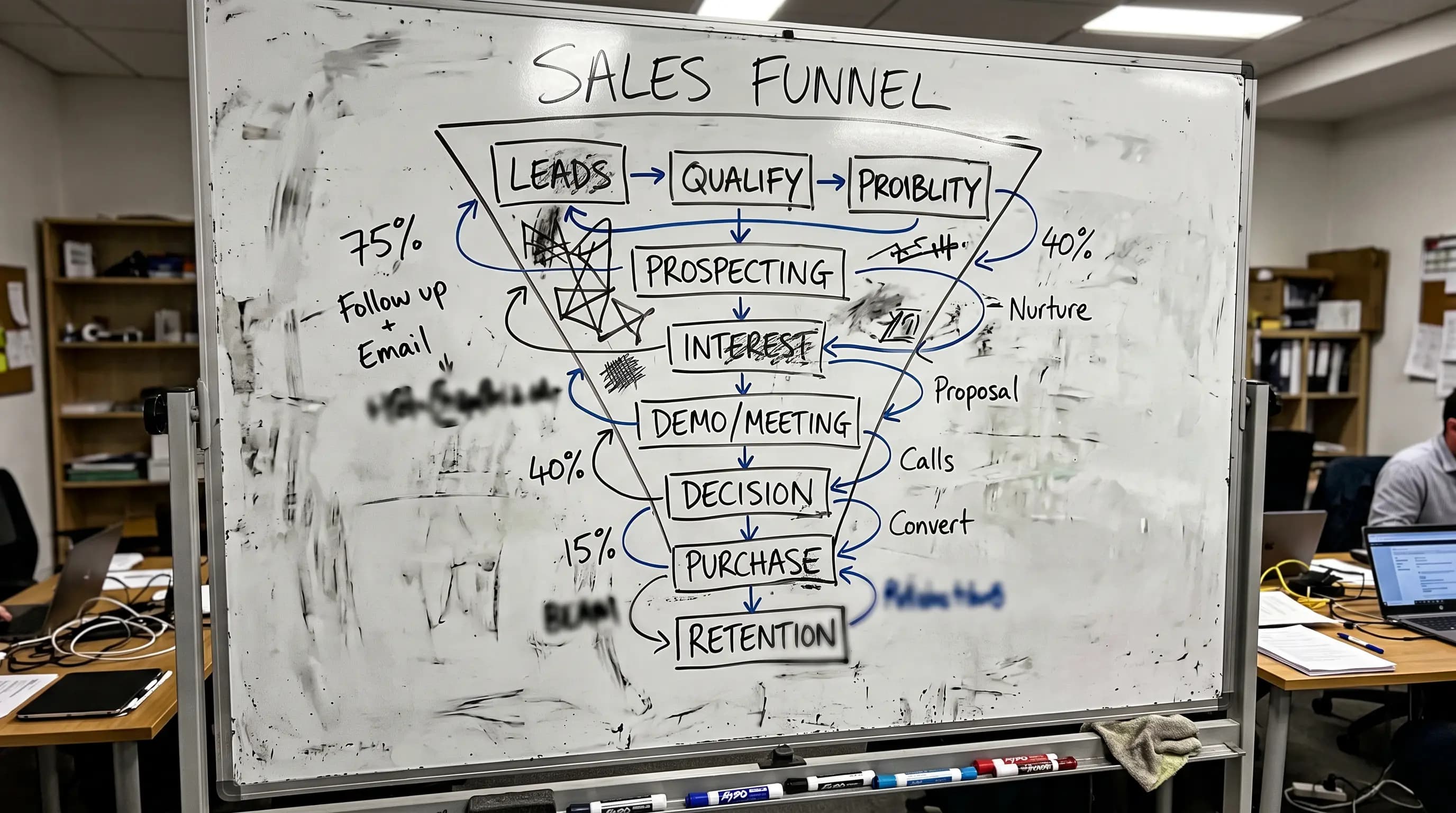 Whiteboard with a sales funnel drawn on it