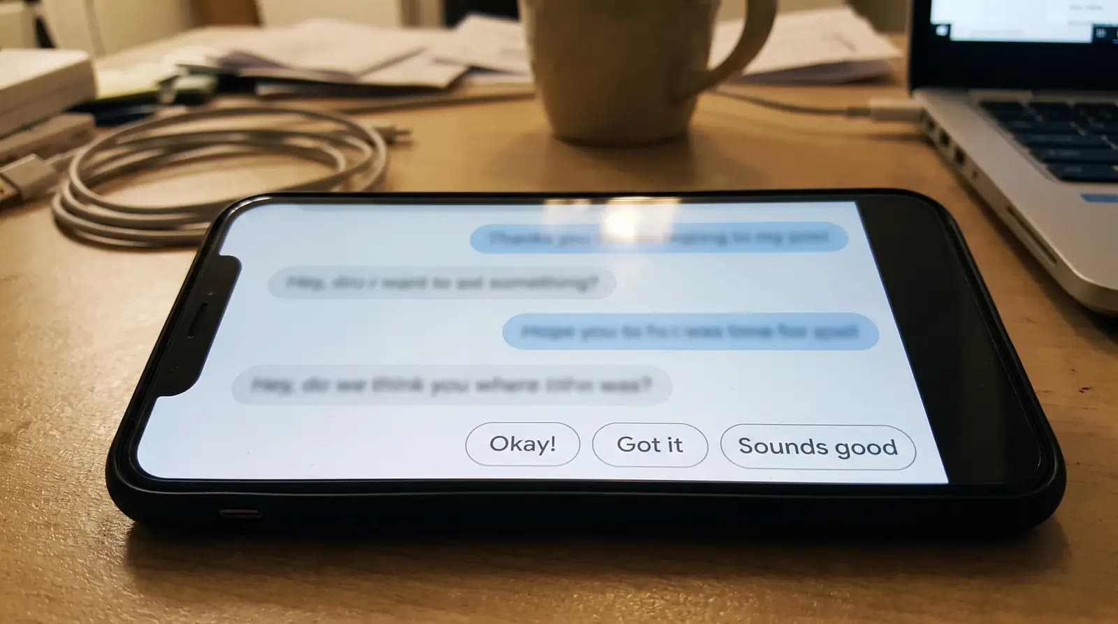 Phone showing an automated chat with quick reply buttons