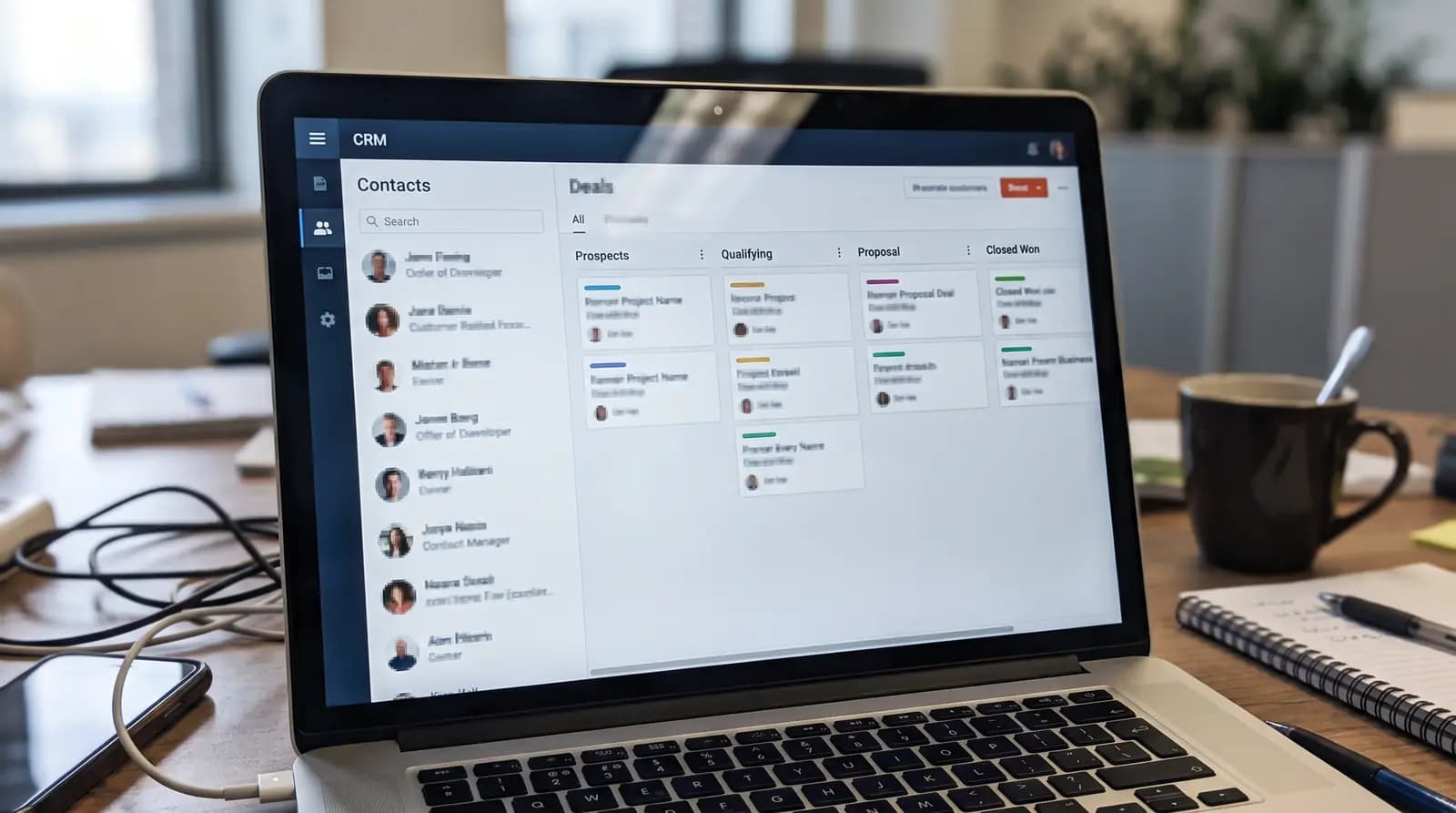 Laptop with a CRM open, showing a contact list and a sales pipeline board