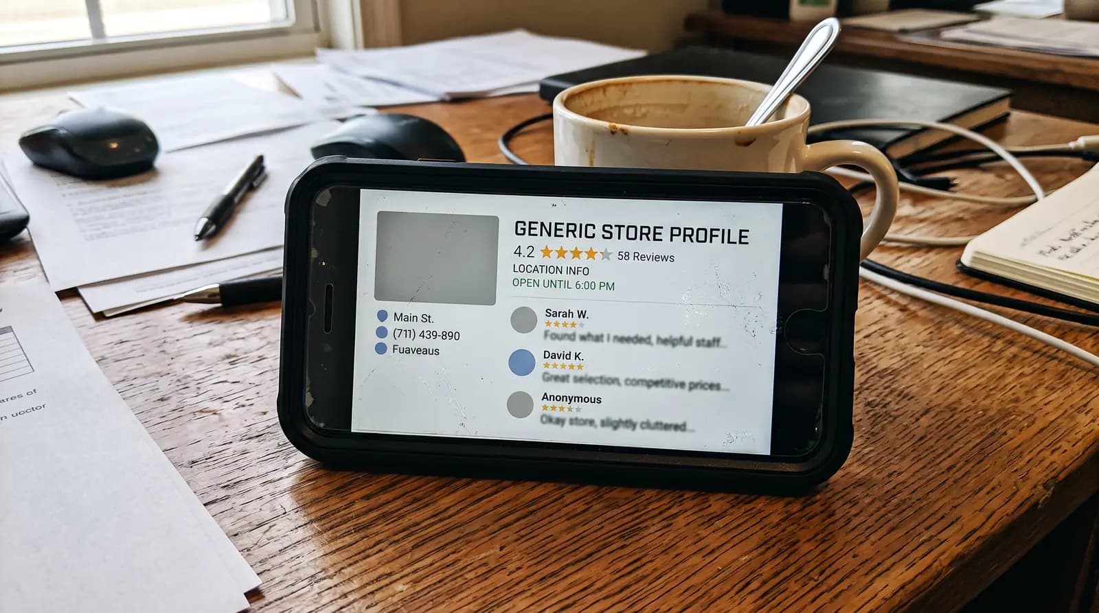 Phone showing a local business profile with a rating and reviews