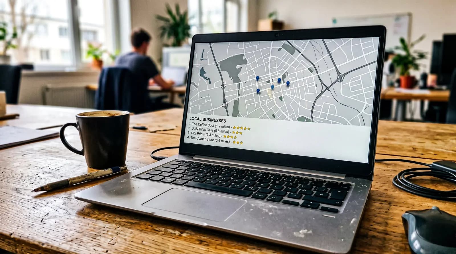 Laptop showing a map of local businesses and their ratings