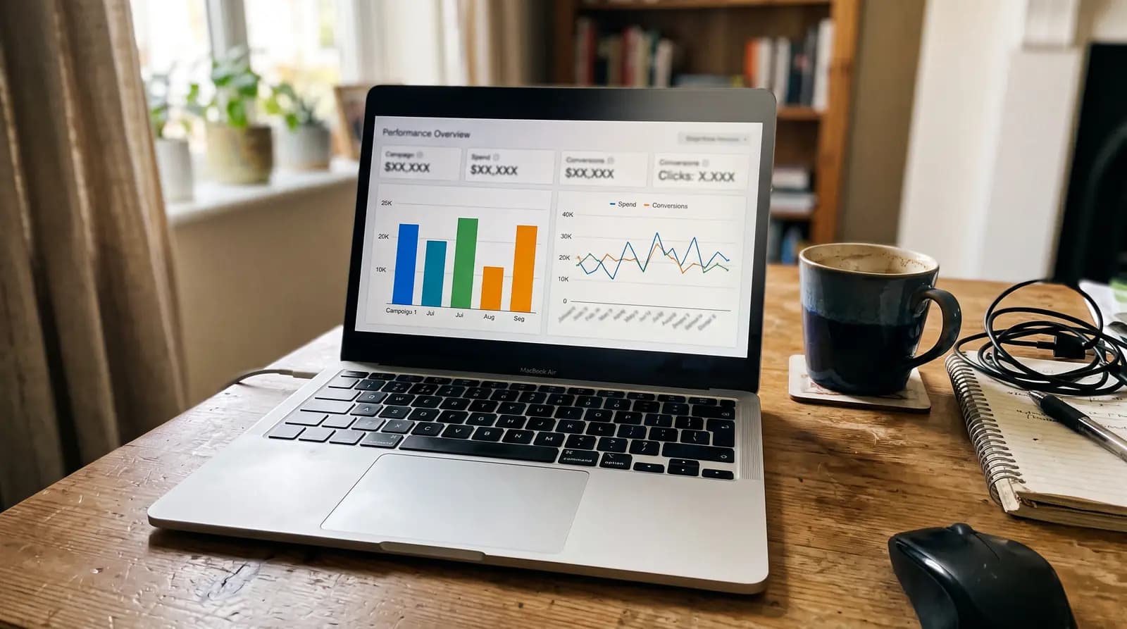 Laptop on a desk showing an ad performance dashboard